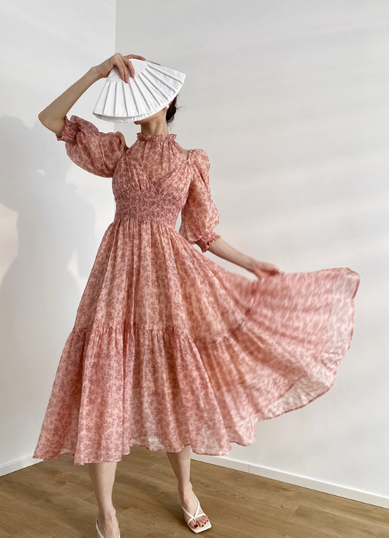 Pink A Line Puff Print Floral Chiffon Prom Dress Outfits SH4730