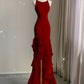 Simple Black Mermaid Spaghetti Strap Ruffle Chiffon Open Back Long Prom Dress Party Dress SH4543
