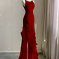 Simple Black Mermaid Spaghetti Strap Ruffle Chiffon Open Back Long Prom Dress Party Dress SH4543