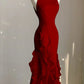 Simple Black Mermaid Spaghetti Strap Ruffle Chiffon Open Back Long Prom Dress Party Dress SH4543