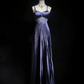 Retro A Line Spaghetti Strap Pleated Beaded Purple Satin Prom Dress Evening Dress SH3327