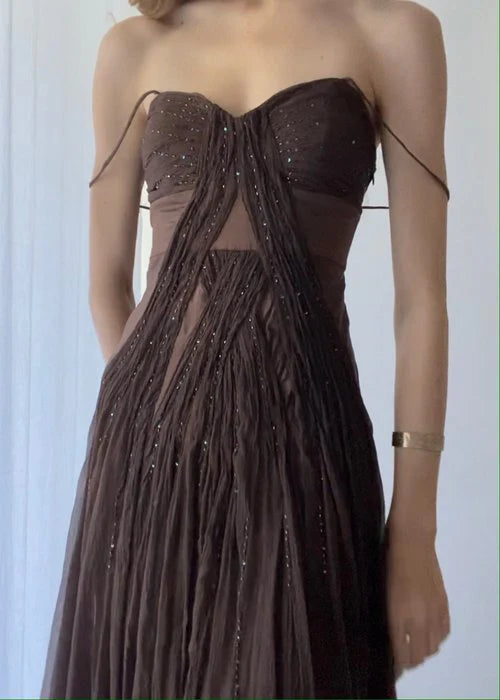 Vintage Brown A Line Spaghetti Strap Beaded Chiffon Long Prom Dress Party Dress SH4540