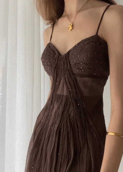 Vintage Brown A Line Spaghetti Strap Beaded Chiffon Long Prom Dress Party Dress SH4540
