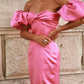 Gentle Pink Sheath Off the Shoulder Satin Long Prom Dress with Slit SH4542
