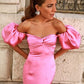 Gentle Pink Sheath Off the Shoulder Satin Long Prom Dress with Slit SH4542