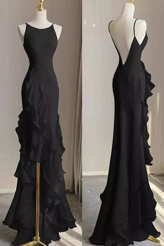 Simple Black Mermaid Spaghetti Strap Ruffle Chiffon Open Back Long Prom Dress Party Dress SH4543