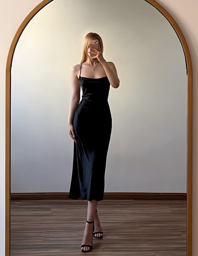 Vintage Simple Sheath Spaghetti Strap Black Satin Backless Prom Dress Evening Dress SH6976