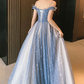 Blue Tulle Long Prom Dress, A-Line Spaghetti Strap Graduation Party Dress SH1229
