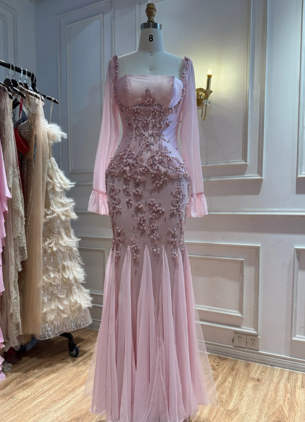 Luxurious Mermaid Long Sleeve Beaded Light Pink Tulle Long Prom Dress Evening Dress SH8948