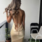 Sexy Sheath Halter Backless Champagne Satin Prom Dresses Evening Dress SH1607