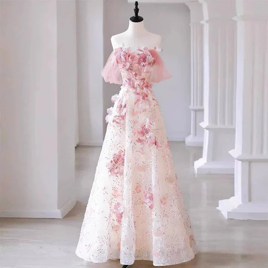 Elegant A Line Off-the-shoulder Floral Pink Tulle Prom Dresses SH1645