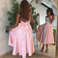 Cute A Line Straps Pink Satin Tea Length Prom Dress With Bow SH3780