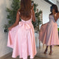Cute A Line Straps Pink Satin Tea Length Prom Dress With Bow SH3780