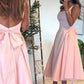 Cute A Line Straps Pink Satin Tea Length Prom Dress With Bow SH3780