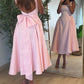 Cute A Line Straps Pink Satin Tea Length Prom Dress With Bow SH3780