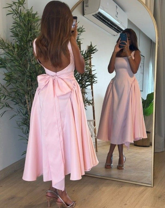 Cute A Line Straps Pink Satin Tea Length Prom Dress With Bow SH3780
