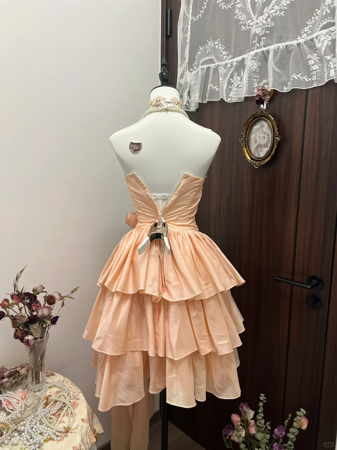Cute Vintage A Line Strapless Layered Flower Coral Sands Satin Short Homecoming Dress Cocktail Dress SH2986