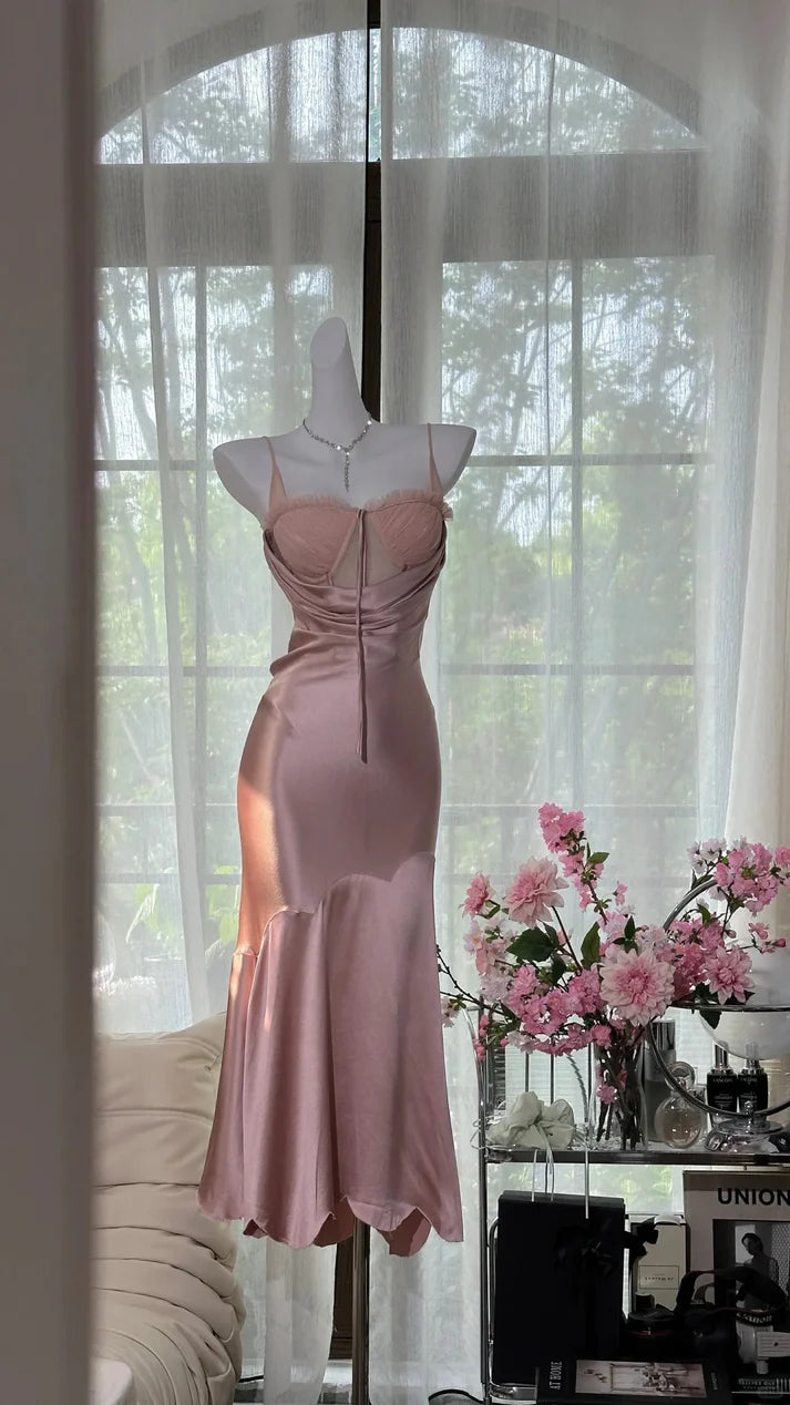 Simple Pink Mermaid Spaghetti Strap Satin Tulle Evening Dress Party Dress SH3798