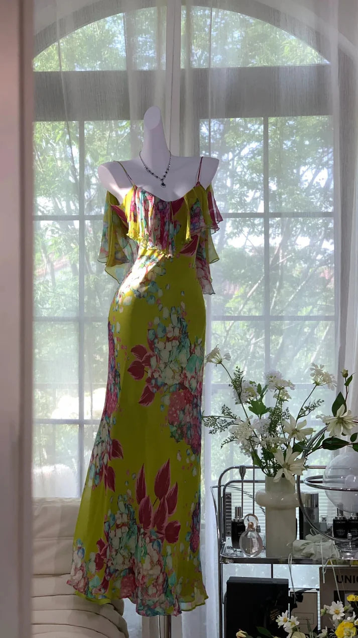 Green Print Floral Mermaid Spaghetti Strap Chiffon Backless Evening Dress Party Dress SH3799