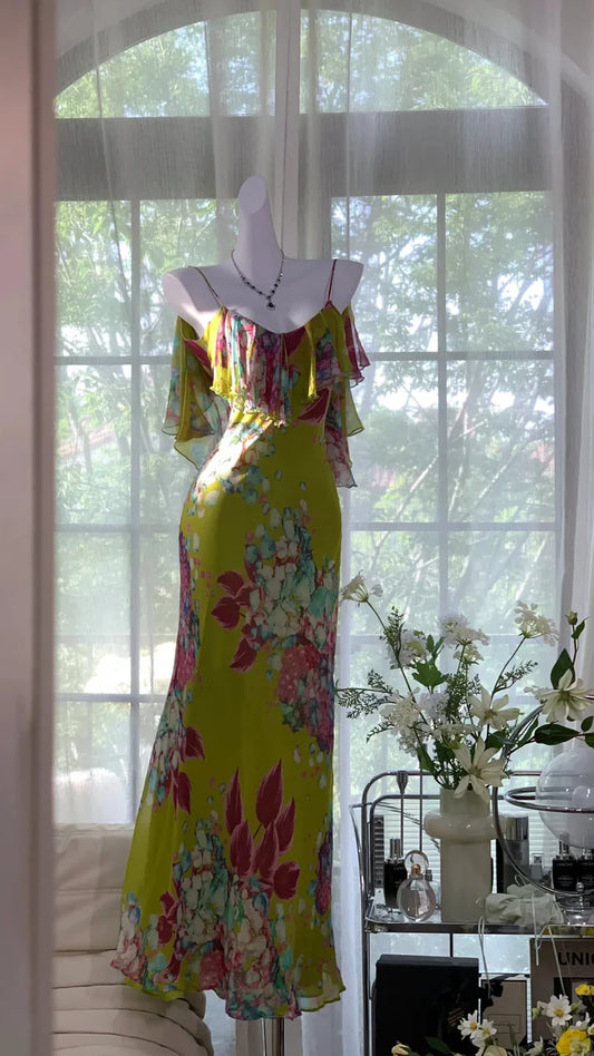Green Print Floral Mermaid Spaghetti Strap Chiffon Backless Evening Dress Party Dress SH3799