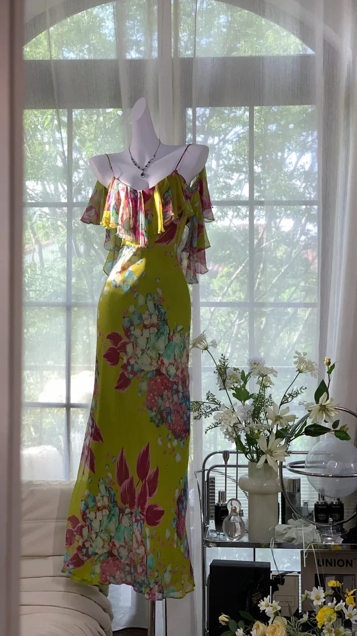 Green Print Floral Mermaid Spaghetti Strap Chiffon Backless Evening Dress Party Dress SH3799