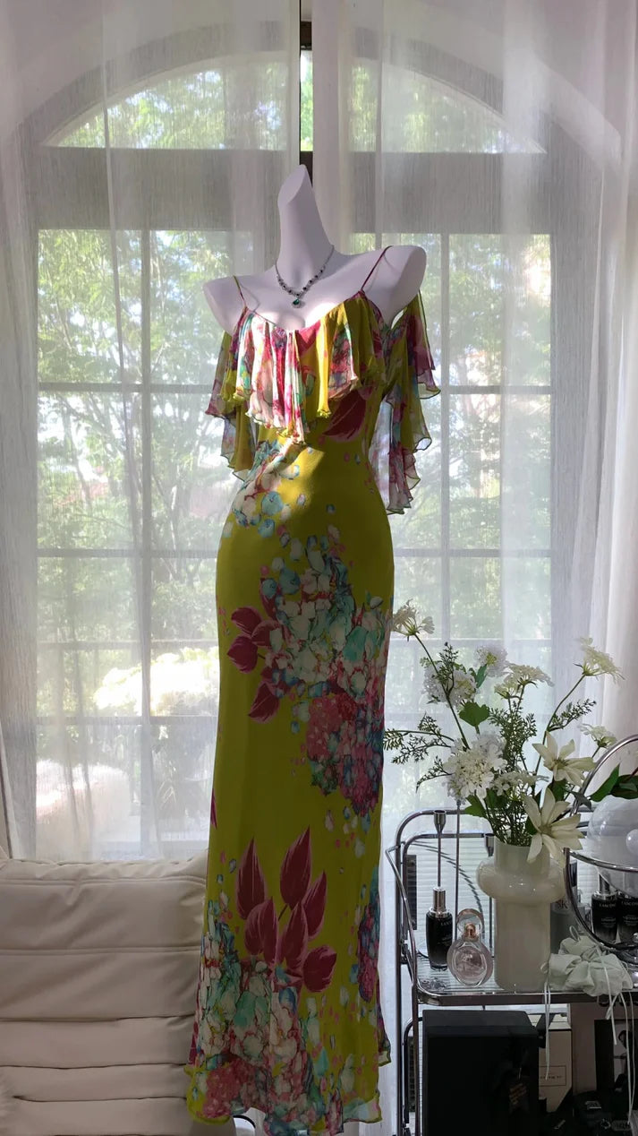 Green Print Floral Mermaid Spaghetti Strap Chiffon Backless Evening Dress Party Dress SH3799