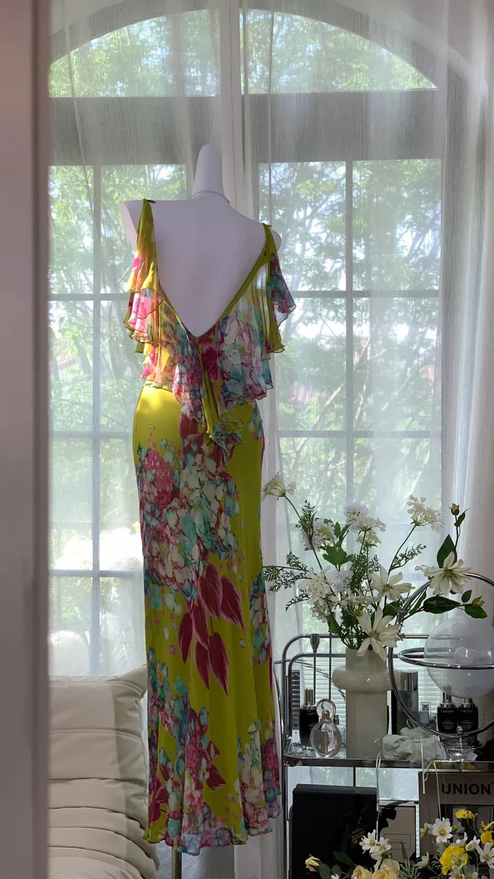 Green Print Floral Mermaid Spaghetti Strap Chiffon Backless Evening Dress Party Dress SH3799