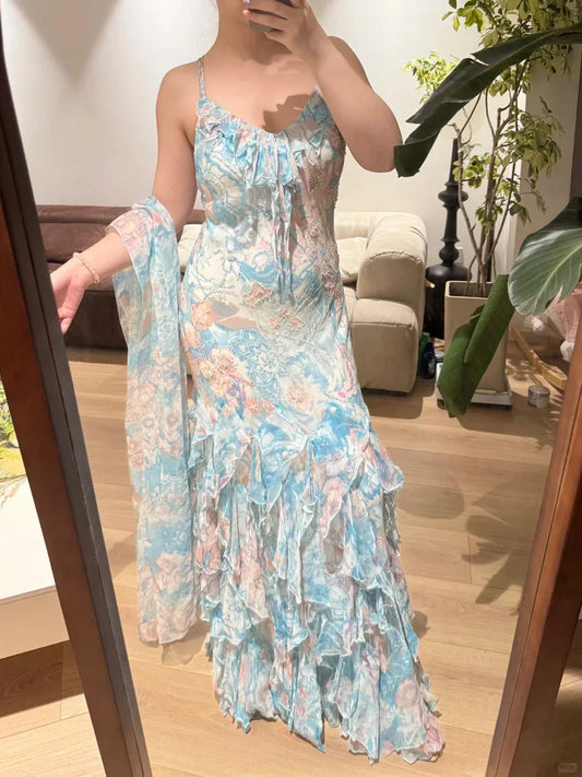 Vintage Mermaid Spaghetti Strap Blue Ruffle Layered Prom Dress Party Dress SH4070