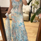 Vintage Mermaid Spaghetti Strap Blue Ruffle Layered Prom Dress Party Dress SH4070