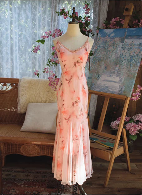 Print Floral Mermaid Spaghetti Strap Beaded Chiffon Evening Dress Party Dress SH3802