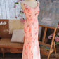 Print Floral Mermaid Spaghetti Strap Beaded Chiffon Evening Dress Party Dress SH3802