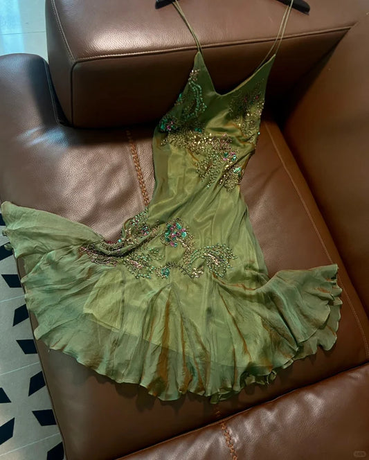 Retro Green Mermaid Spaghetti Strap Exquisite Beaded Chiffon Prom Dress Party Dress SH4068