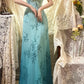Vintage Blue Ombre A Line Spaghetti Straps Beaded Chiffon Open Back Prom Dress Evening Dress SH3785