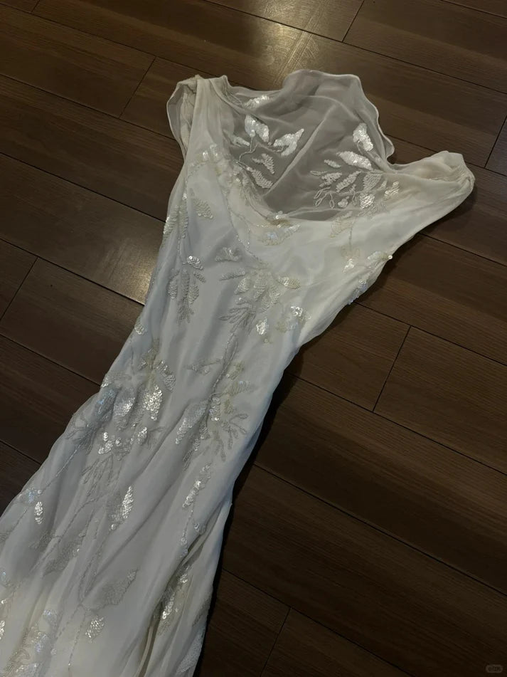 Light Pink Mermaid Round Neck Beaded Floral Chiffon Evening Dress Party Dress SH3801
