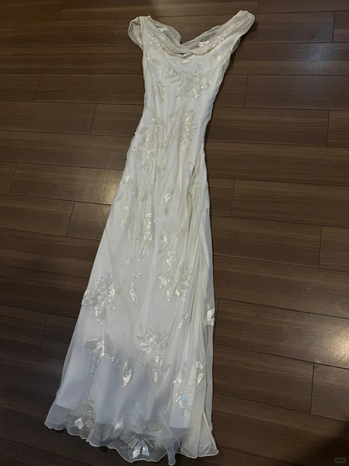 Light Pink Mermaid Round Neck Beaded Floral Chiffon Evening Dress Party Dress SH3801