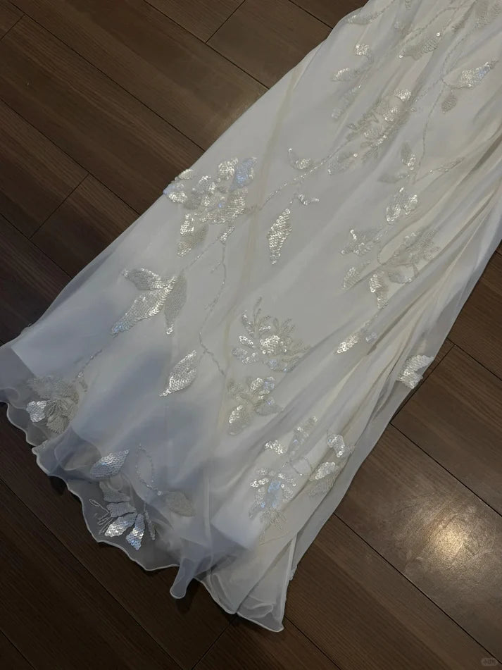 Light Pink Mermaid Round Neck Beaded Floral Chiffon Evening Dress Party Dress SH3801