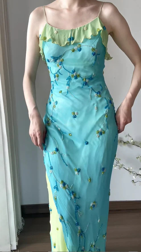 Retro Sheath Spaghetti Straps Beaded Blue Green Chiffon Prom Dress Party Dress SH4065