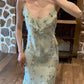 Sage Green Floral Mermaid Spaghetti Strap Layered Chiffon Evening Dress Party Dress SH3800