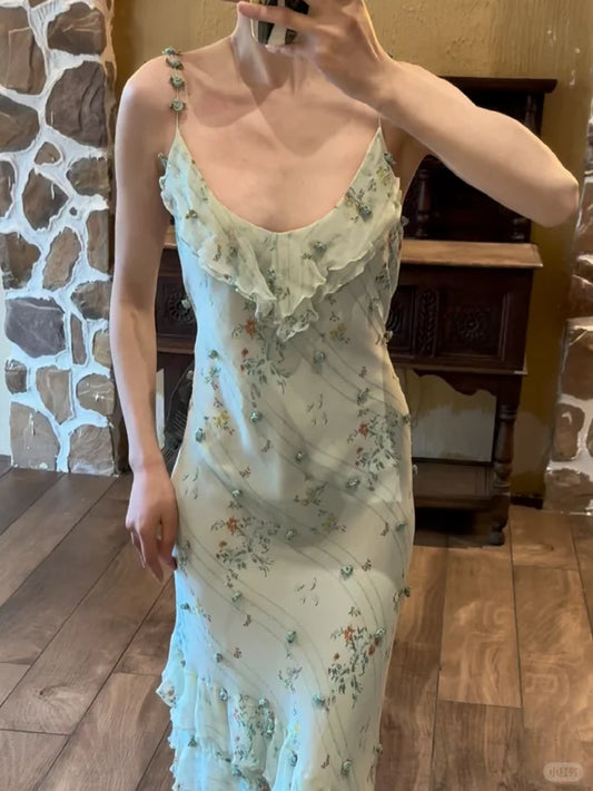 Sage Green Sheath Spaghetti Straps Beaded Chiffon Prom Dress Party Dress SH4064