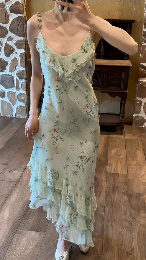 Sage Green Floral Mermaid Spaghetti Strap Layered Chiffon Evening Dress Party Dress SH3800
