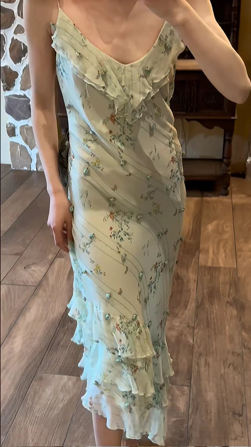 Sage Green Floral Mermaid Spaghetti Strap Layered Chiffon Evening Dress Party Dress SH3800