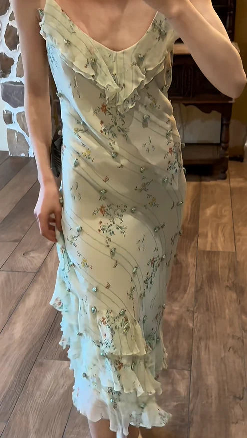 Sage Green Floral Mermaid Spaghetti Strap Layered Chiffon Evening Dress Party Dress SH3800