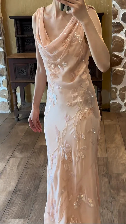 Light Pink Mermaid Round Neck Beaded Floral Chiffon Evening Dress Party Dress SH3801