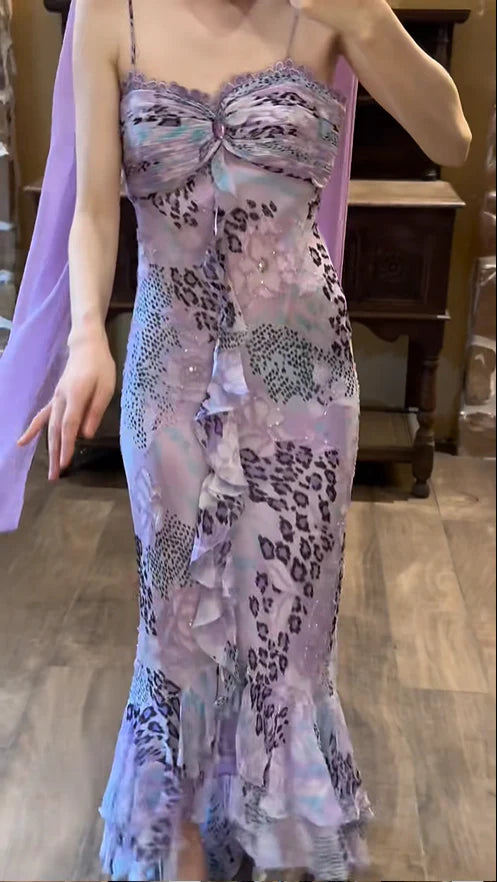 Retro Purple Leopard Mermaid Spaghetti Strap Chiffon Prom Dress Party Dress SH4067