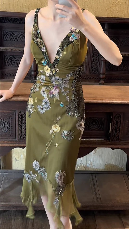 Retro Olive Green Sheath V Neck Beaded Embroidery Chiffon Prom Dress Party Dress SH4066