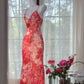 Red Print Floral Mermaid Spaghetti Strap Beaded Chiffon Evening Dress Party Dress SH3797