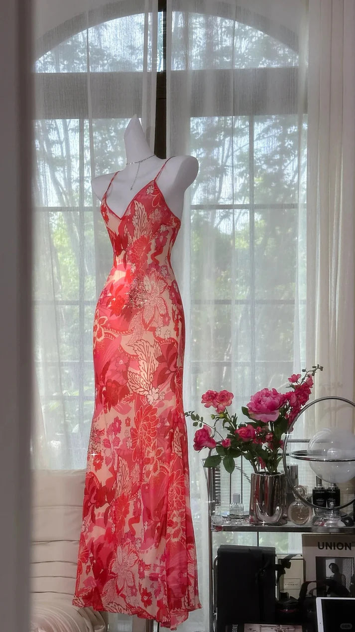 Red Print Floral Mermaid Spaghetti Strap Beaded Chiffon Evening Dress Party Dress SH3797