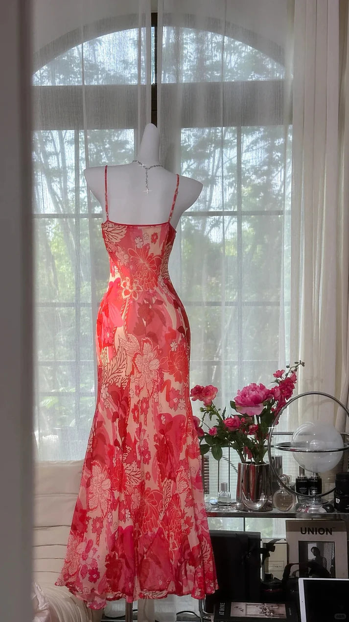 Red Print Floral Mermaid Spaghetti Strap Beaded Chiffon Evening Dress Party Dress SH3797