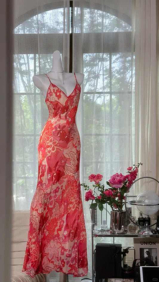 Red Print Floral Mermaid Spaghetti Strap Beaded Chiffon Evening Dress Party Dress SH3797