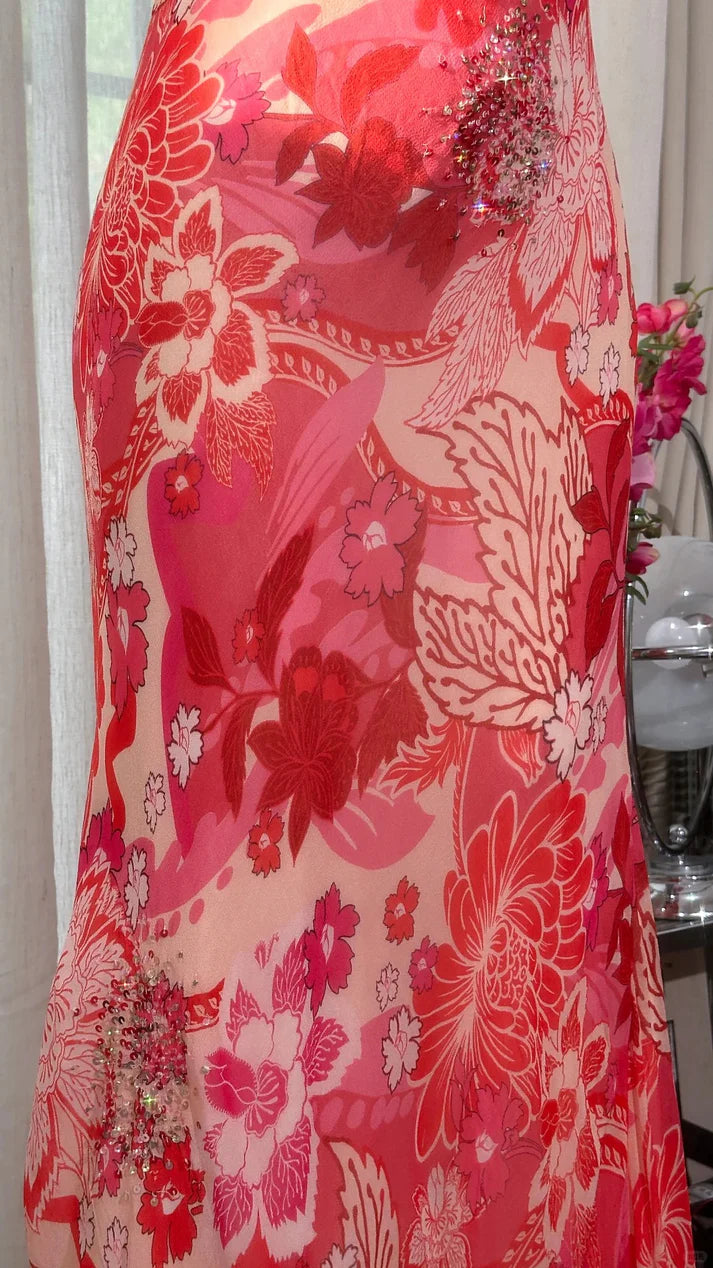 Red Print Floral Mermaid Spaghetti Strap Beaded Chiffon Evening Dress Party Dress SH3797